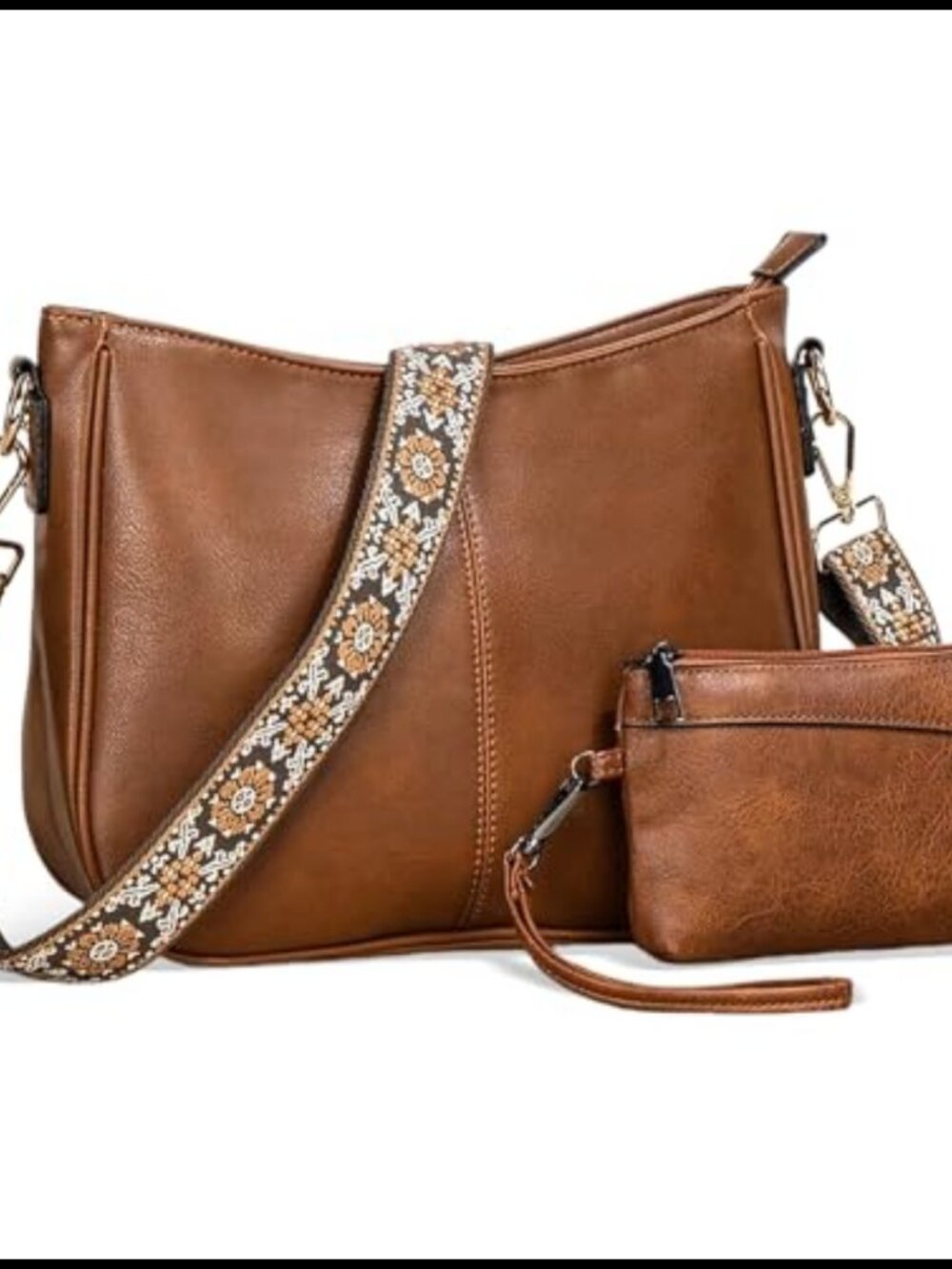Vegan Leather Crossbody Hobo Bag with Guitar Strap & Wallet Set